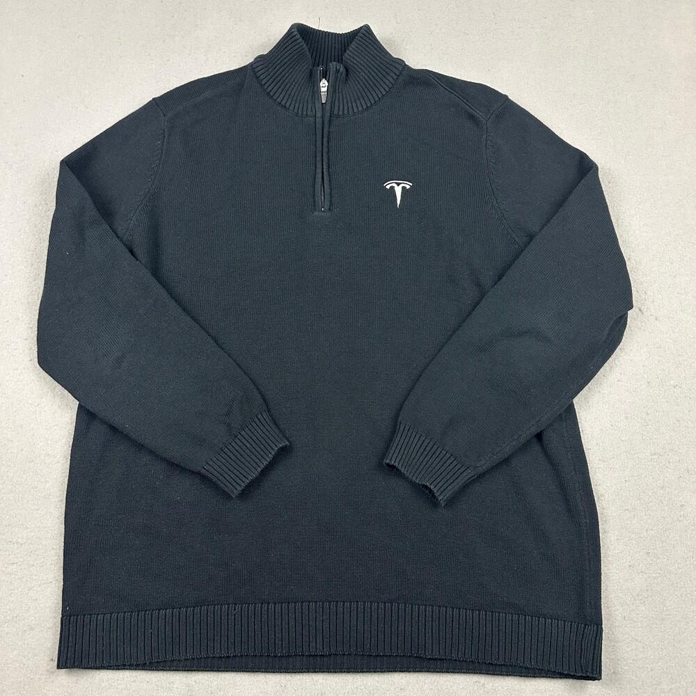 Tesla Sweater Men Extra Large Black 1/4 Zip Pullover Heavy Knit Driving Logo XL